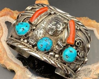 15. $600 - Native American Navajo Sterling Silver Turquoise Coral Cuff Bracelet Bear Motif