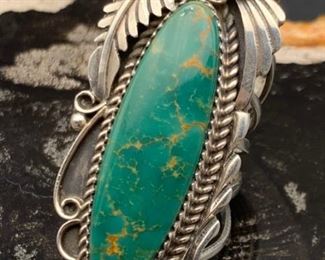 16. $120 - Native American Navajo Sterling Silver Green Turquoise Floral Leaf Ring 7.5