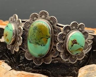 18. $225 - Native American Navajo Sterling Silver Green Turquoise Floral Cuff Bracelet