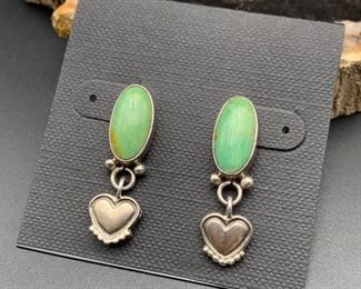 19. $35 - Native American Sterling Silver Post Earrings Green Turquoise & Hearts