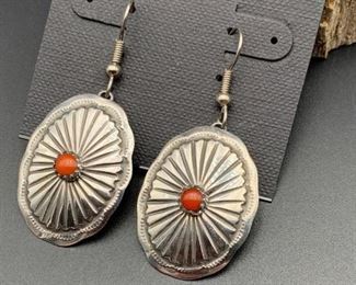 22. $70 - Native American Buffalo Dancer Sterling Silver & Coral Concho Earrings