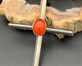 23. $95 - Native American Sterling Silver & Coral Cross Enhancer Pendant With Hook