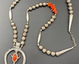 25. $450 - Native American Navajo Sterling Silver & Coral Beaded Necklace With Naja