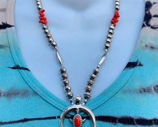 25. $450 - Native American Navajo Sterling Silver & Coral Beaded Necklace With Naja