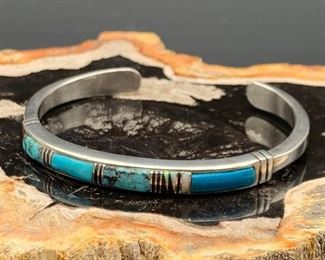 26. SOLD - Native American Sandcast Silver Cuff Bracelet Turquoise Opal Jet Inlay
