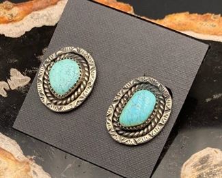 27. $70 - Native American Sterling Silver & Turquoise Clip Earrings Decorative Border