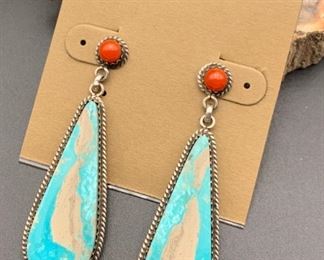 32. $210 - Buffalo Dancer Native American Sterling Silver Ribbon Turquoise & Coral Earrings