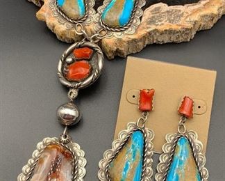 33. $750 - Native American Sterling Silver Turquoise Coral Brown Agate Necklace & Earrings