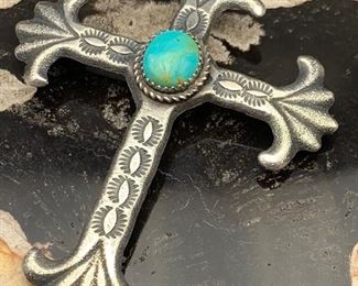 34. $225 - Native American Sterling Silver & Turquoise Sandcast Cross Pin / Pendant Signed