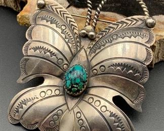 35. $250 - Native American Navajo Sterling Silver & Turquoise Butterfly Pin / Pendant