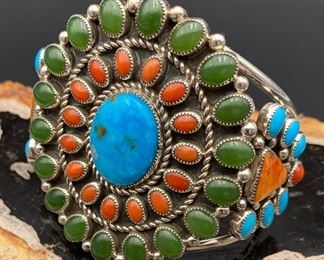 40. $750 - Native American Sterling Silver Turquoise Coral Jade Spiny Oyster Cuff Bracelet