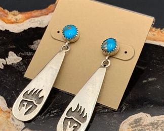 41. $65 - Native American Sterling Silver Turquoise Post Earrings Bear Paw Stamps