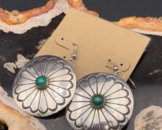 42. $70 - Native American Sterling Silver & Malachite Round Concho Earrings