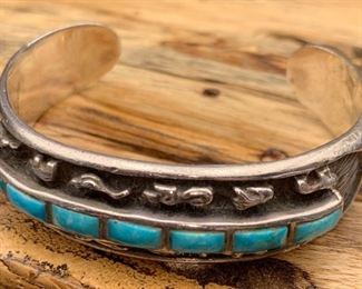 45. $225 - Native American Sterling Silver Channel Turquoise Cuff Bracelet Animals