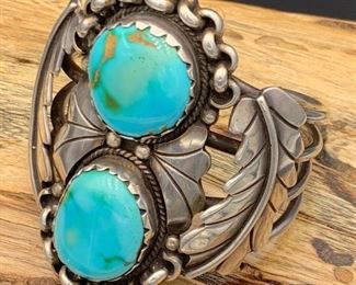 46. $600 - Native American Sterling Silver Royston Turquoise Statement Cuff Bracelet Leaves