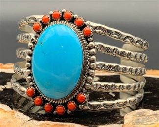 47. $300 - V James Native American Sterling Silver Coral & Turquoise Cuff Bracelet