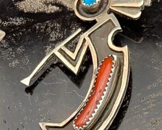 49. $75 - Native American Sterling Silver Turquoise & Branch Coral Kokopelli Pin