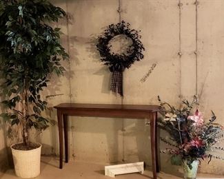 Fig tree, sofa table, wreath & silk arrangement