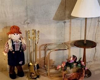 Free standing "doll" fireplace equipment glass/brass sm. table, basket & floor lamp