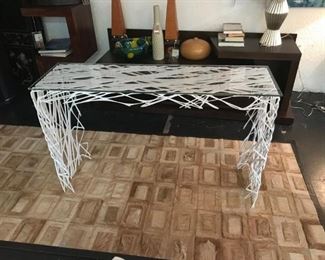 Aktura Strand Glass with Lazer cut steel console table. Originally $3640, sale price $950. Work of ART!