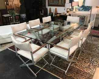 "Sifas" Glass Dining Table with 8  Perigold by "Sifas" director chairs. Originally $30,000, sale price $3200. So unique!