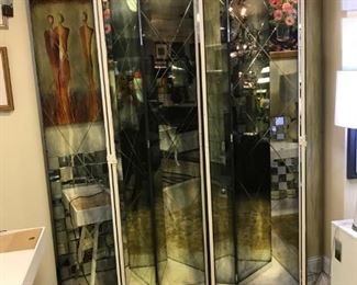  A Pair of Antique Smokey Diamond Etched Mirrored Screens. Each has three panels 90" Tall x 18" Wide. Stunning! Originally $10,000 sale price $3200 for both.