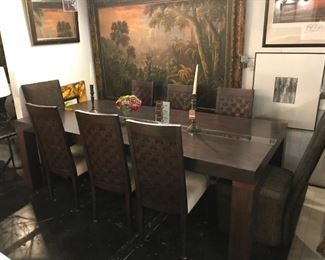 Saccaro Brazilian Wood Dining Table with six Dongia Fabric side chairs and two Dongia Fabric End Chairs. Originally $8,200 sale price $2150. Beautiful quality!