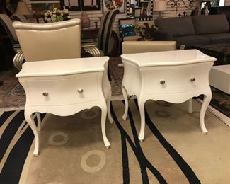 Italian High Gloss White Laquer Nightstands with matte silver finish pulls. E.G Cody Originally $2600 each sale price $1750 for the pair. Excellent condition!