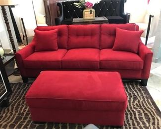 Vibrant Red sofa with ottoman. Sale price $775! Add a splash of color to your room! 