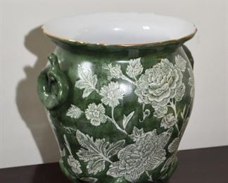 $60 - Green Floral Pottery Vase - 8.25" H x 6.75" Dia at the top