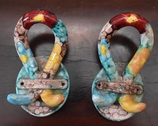 $15 - Pair of Art Pottery Wall Hooks - 7" L x 3" W 