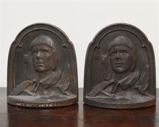 $75 - 1920's Vintage / Antique "The Aviator" Charles Lindburg Bookends - 5" L x 5.25" H
