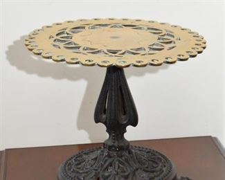 $85- Antique / Vintage Cast Iron Display Pedestal / Dessert Plate with Brass Top - 11.25" Dia x 10.25" H