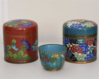 $20 - Lot of 3 Chinese Cloisonne Pieces (2 Jars & Cup)