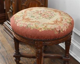 $45 - Antique Footstool with Needlepoint Top - 17" Dia x 16.5" H