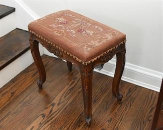 $45 - Antique Carved Wood Bench with Needlepoint Top (has a tear) - 19" L x 12" W x  20" H