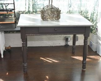 $50 - Primitive Painted Farm Table / Desk (gray base & sage green top) - 39.75" L x 27.5" W x 29" H