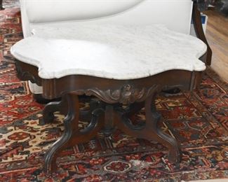 $95 - Antique Victorian Eastlake Coffee Table with Marble Top - 33.5" L x 22.5" W x 18.5" H