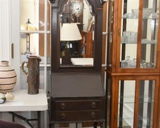 $120 - Antique Secretary with Arched Mirrored Hutch - 21" L x 14.5" W x 81" H 