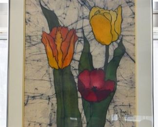$45 - Framed Batik Cloth /Textile Artwork, Signed (Tulips) - 21" L x 25" H