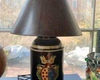 $30 - Antique / Vintage Painted Metal Can Table Lamp - 27.5" H to top of finial