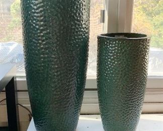 $120 for Set - Set of 2 Tall Turquoise Glazed Pottery Planters / Pots - Large pot is 27.5"  H, Smaller pot is 19.5" H