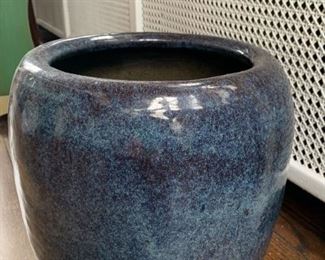 $45 -  Blue Glazed Pottery Planter / Jardiniere, no drainage hole -  10.5" Dia. x 10" H