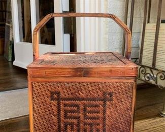$60  - Chinese Wicker Basket - 9.75" L x 9.75" W x 14.5" H to top of handle