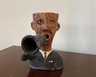 $50 - Unique Pottery Vase / Vessel (Man with Megaphone), Signed - 4.75" H