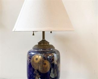 $75 - Blue & Gold Porcelain Table Lamp with Brass Accents - 21" H