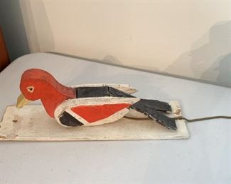 $45 - Primitive Folk Art Woodpecker, Made of Wood, (pecks at wood when chain is pulled) -9.5" H