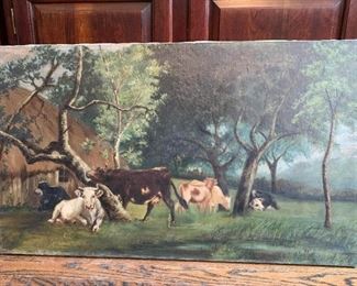 $150 - Artwork / Painting on Canvas (Cows), Some Flaws - 33.25"L x 19.5" H