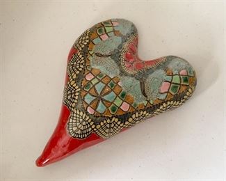 $45 - Ceramic Pottery Heart Wall Hanging, Signed - 7.5" W x 10.5" H