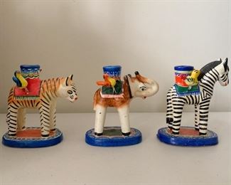 $45 for Set - Mexican Folk Art Pottery Candlesticks (Tiger, Elephant, Zebra) - Set of 3